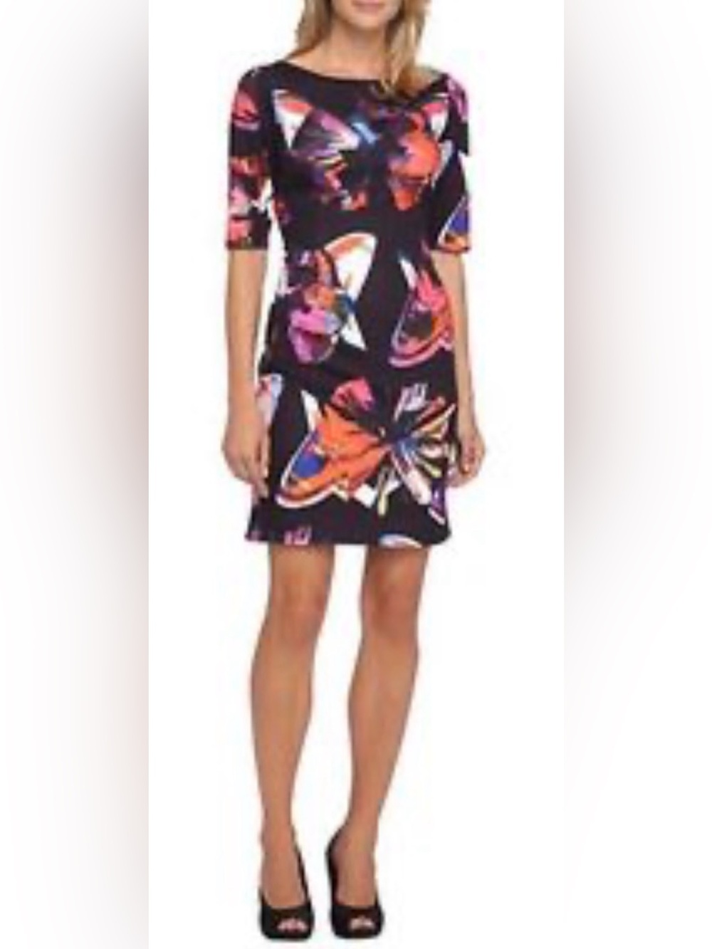 Tahari Black Midi Dress with Vibrant Pink & Orange Floral Print